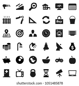 Flat vector icon set - bucket vector, plates, corner ruler, telescope, bell, table lamp, pie graph, money bag, piggy bank, coin stack, sand clock, diet, hand trainer, calendar, stairways run, weight