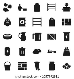 Flat vector icon set - bucket vector, trash bin, garbage pile, measuring cup, jug, sieve, jar, enegry drink, port, wood box, consolidated cargo, package, oil barrel, shelving, shopping bag