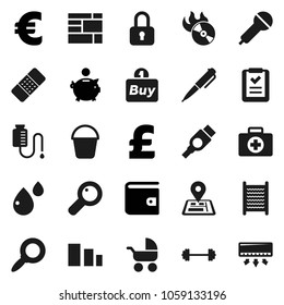 Flat vector icon set - bucket vector, washboard, pen, magnifier, wallet, piggy bank, euro sign, pound, barbell, first aid kit, navigator, consolidated cargo, sorting, music hit, microphone, hdmi
