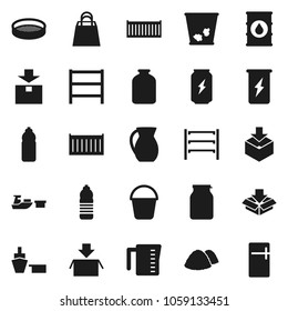 Flat vector icon set - bucket vector, trash bin, garbage pile, measuring cup, jug, sieve, jar, enegry drink, water bottle, sea container, port, package, oil barrel, shelving, shopping bag, fridge