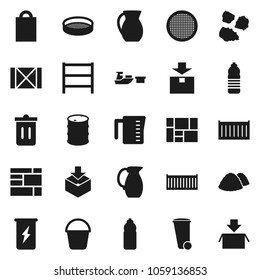 Flat vector icon set - bucket vector, trash bin, garbage pile, measuring cup, jug, sieve, enegry drink, water bottle, sea container, port, wood box, consolidated cargo, package, oil barrel, shelving