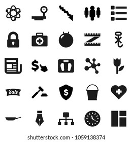 Flat vector icon set - bucket vector, pan, pen, atom, crisis, auction, man, dollar shield, cursor, measuring, scales, fitball, molecule, heart cross, first aid kit, clock, no hook, tulip, big, menu