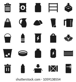 Flat vector icon set - bucket vector, trash bin, garbage pile, measuring cup, jug, sieve, jar, enegry drink, water bottle, sea container, wood box, package, oil barrel, shelving, shopping bag