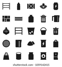 Flat vector icon set - bucket vector, trash bin, garbage pile, measuring cup, sieve, jar, enegry drink, water bottle, sea container, wood box, consolidated cargo, package, oil barrel, shelving