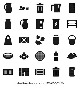 Flat vector icon set - bucket vector, trash bin, garbage pile, measuring cup, jug, sieve, jar, enegry drink, water bottle, sea container, port, wood box, consolidated cargo, oil barrel, shelving