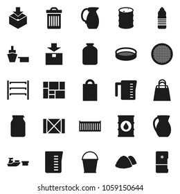 Flat vector icon set - bucket vector, trash bin, garbage pile, measuring cup, jug, sieve, jar, water bottle, sea container, port, wood box, consolidated cargo, package, oil barrel, shelving, fridge