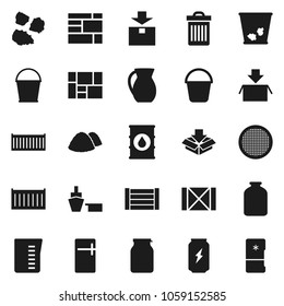 Flat vector icon set - bucket vector, trash bin, garbage pile, measuring cup, jug, sieve, jar, enegry drink, sea container, port, wood box, consolidated cargo, package, oil barrel, fridge
