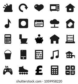 Flat vector icon set - bucket vector, toilet, microwave oven, abacus, music, piggy bank, calculator, pound, roller Skates, calendar, gamepad, mobile phone, heart, rec button, cloud network, home