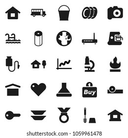 Flat vector icon set - bucket vector, toilet brush, paper, plates, microscope, school bus, world, graph, medal, dry cargo, flammable, camera, heart, eye doctor hat, drop counter, house, chalet, pool