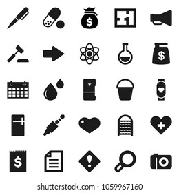 Flat vector icon set - bucket vector, washboard, atom, pen, document, money bag, pills, heart monitor, calendar, receipt, loudspeaker, jack, cross, flask, blood drop, arrow, attention sign, plan