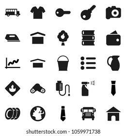 Flat vector icon set - bucket vector, sprayer, plates, jug, book, school bus, graph, tie, earth, dry cargo, flammable, camera, pills, drop counter, fruit tree, key, wallet, clothes, menu, password