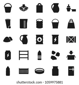Flat vector icon set - bucket vector, trash bin, garbage pile, measuring cup, jug, sieve, jar, enegry drink, water bottle, sea container, port, wood box, oil barrel, shelving, shopping bag, package