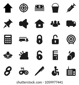 Flat vector icon set - bucket vector, pen, school bus, target, arrow up, speaker, gamepad, group, thumbtack, disabled, syringe, chain, lock, unlock, mailbox, cash, cashbox, home, calculator, package