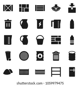Flat vector icon set - bucket vector, trash bin, garbage pile, measuring cup, jug, sieve, enegry drink, water bottle, sea container, wood box, consolidated cargo, package, oil barrel, shelving