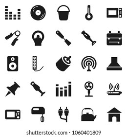 Flat vector icon set - bucket vector, kettle, spatula, microwave oven, blender, backpack, hand trainer, disk, antenna, equalizer, speaker, thumbtack, rca, thermometer, tomography, mixer, hood, fan