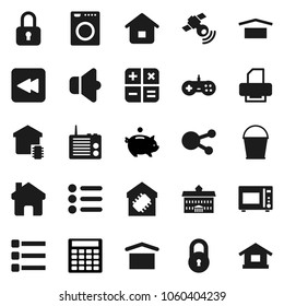 Flat vector icon set - bucket vector, microwave oven, university, piggy bank, calculator, dry cargo, satellitie, speaker, social media, backward button, menu, home, lock, smart, washer, printer
