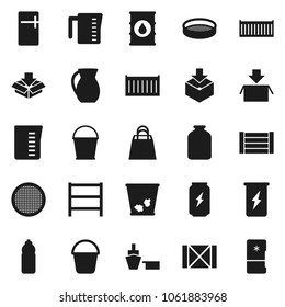 Flat vector icon set - bucket vector, trash bin, measuring cup, jug, sieve, jar, enegry drink, water bottle, sea container, port, wood box, package, oil barrel, shelving, shopping bag, fridge
