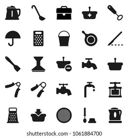 Flat vector icon set - bucket vector, water tap, car fetlock, toilet brush, pan, kettle, cook press, whisk, spatula, ladle, grater, sieve, case, hand trainer, umbrella, scalpel, supply, basket