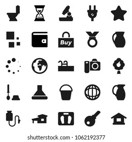 Flat vector icon set - bucket vector, toilet, brush, jug, microscope, world, wallet, sand clock, scales, medal, earth, drop counter, loading, cottage, pool, fruit tree, star, buy, password, hood