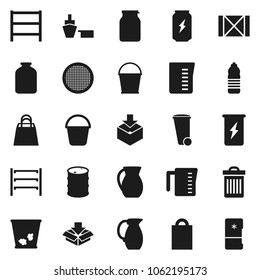 Flat vector icon set - bucket vector, trash bin, measuring cup, jug, sieve, jar, enegry drink, water bottle, port, wood box, package, oil barrel, shelving, shopping bag, fridge
