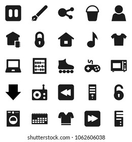 Flat vector icon set - bucket vector, microwave oven, pen, notebook pc, abacus, music, arrow down, t shirt, roller Skates, calendar, radio, gamepad, social media, pause button, forward, backward