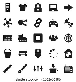 Flat vector icon set - bucket vector, pen, ruler, notebook pc, roller Skates, target, calendar, satellitie, gamepad, settings, social media, group, stop button, bench, arrow, loading, chain, lock