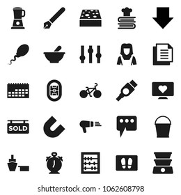 Flat vector icon set - bucket vector, sponge, welcome mat, cleaner woman, cookbook, pen, alarm clock, magnet, abacus, arrow down, bike, heart monitor, stadium, calendar, port, document, settings