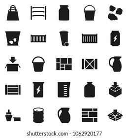 Flat vector icon set - bucket vector, trash bin, garbage pile, measuring cup, jug, jar, enegry drink, sea container, port, wood box, consolidated cargo, package, oil barrel, shelving, shopping bag