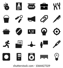 Flat vector icon set - bucket vector, pan, blackboard, pen, personal information, case, check, target, hand trainer, run, music hit, loudspeaker, rec button, thermometer, chromosomes, tomography
