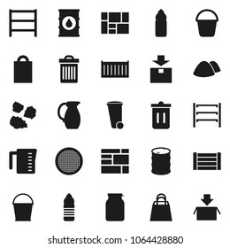 Flat Vector Icon Set - Bucket Vector, Trash Bin, Garbage Pile, Measuring Cup, Jug, Sieve, Jar, Water Bottle, Sea Container, Wood Box, Consolidated Cargo, Package, Oil Barrel, Shelving, Shopping Bag