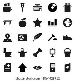 Flat vector icon set - bucket vector, toilet, apron, toaster, pasta, pen, presentation, world, graph, pie, auction, arrow up, diet, horizontal bar, bone, map pin, favorites, eye, crutches