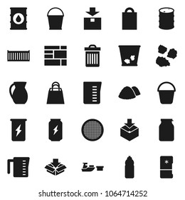 Flat vector icon set - bucket vector, trash bin, garbage pile, measuring cup, jug, sieve, jar, enegry drink, water bottle, sea container, port, consolidated cargo, package, oil barrel, shopping bag