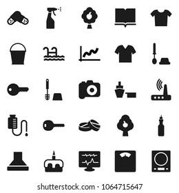 Flat vector icon set - bucket vector, toilet brush, sprayer, cake, oil, book, graph, scales, port, camera, pills, diagnostic monitor, drop counter, router, pool, fruit tree, key, clothes, hood