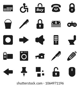Flat vector icon set - bucket vector, toilet, pen, calendar, speaker, remote control, thumbtack, rec button, disabled, arrow, loading, lock, cottage, phone, cash, buy, unlock, washer, video camera