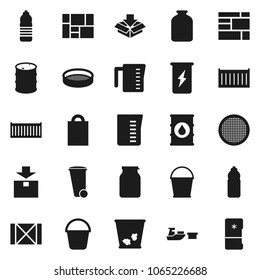 Flat vector icon set - bucket vector, trash bin, measuring cup, sieve, jar, enegry drink, water bottle, sea container, port, wood box, consolidated cargo, package, oil barrel, shopping bag, fridge