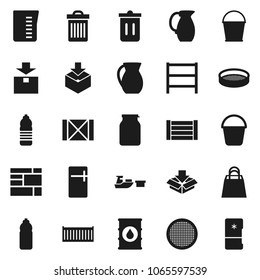 Flat vector icon set - bucket vector, trash bin, measuring cup, jug, sieve, jar, water bottle, sea container, port, wood box, consolidated cargo, package, oil barrel, shelving, shopping bag, fridge
