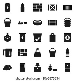 Flat vector icon set - bucket vector, trash bin, garbage pile, measuring cup, sieve, enegry drink, water bottle, sea container, port, wood box, consolidated cargo, package, oil barrel, shopping bag