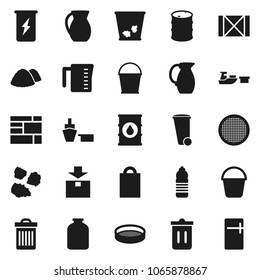 Flat vector icon set - bucket vector, trash bin, garbage pile, measuring cup, jug, sieve, jar, enegry drink, water bottle, port, wood box, consolidated cargo, package, oil barrel, shopping bag