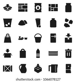 Flat vector icon set - bucket vector, trash bin, garbage pile, measuring cup, jug, jar, water bottle, sea container, port, wood box, consolidated cargo, package, oil barrel, shopping bag, fridge