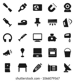 Flat vector icon set - bucket vector, steaming, spatula, blender, magnet, measuring, punching bag, remote control, headphones, notebook pc, thumbtack, hdmi, table, ari condition, loudspeaker, fridge