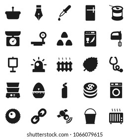 Flat vector icon set - bucket vector, washer, cleaning agent, cook timer, mixer, double boiler, cereal, pen, presentation, leaf, sports nutrition, big scales, satellitie, link, dropper, stethoscope