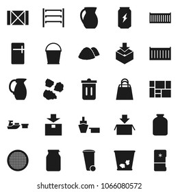 Flat vector icon set - bucket vector, trash bin, garbage pile, jug, sieve, jar, enegry drink, sea container, port, wood box, consolidated cargo, package, shelving, shopping bag, fridge