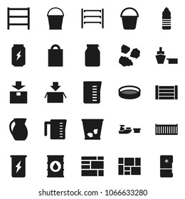 Flat vector icon set - bucket vector, trash bin, garbage pile, measuring cup, jug, sieve, jar, enegry drink, water bottle, sea container, port, wood box, consolidated cargo, package, oil barrel