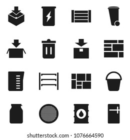 Flat vector icon set - bucket vector, trash bin, measuring cup, sieve, jar, enegry drink, wood box, consolidated cargo, package, oil barrel, shelving, fridge