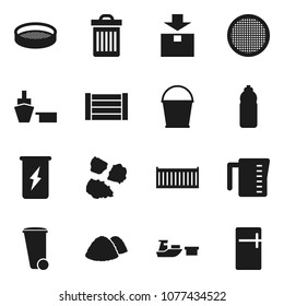 Flat vector icon set - bucket vector, trash bin, garbage pile, measuring cup, sieve, enegry drink, water bottle, sea container, port, wood box, package, fridge