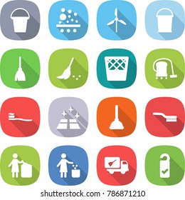 flat vector icon set - bucket vector, filter, windmill, broom, trash bin, vacuum cleaner, tooth brush, clean floor, plunger, garbage, home call cleaning, please