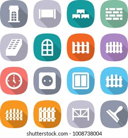 flat vector icon set - building vector, fence, block wall, brick, arch window, watch, power socket, switch, farm, scraper