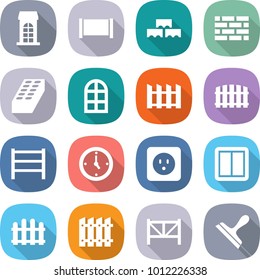 flat vector icon set - building vector, fence, block wall, brick, arch window, rack, watch, power socket, switch, farm, scraper