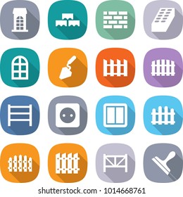 flat vector icon set - building vector, block wall, brick, arch window, construction, fence, rack, power socket, switch, farm, scraper