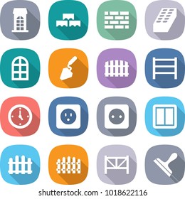flat vector icon set - building vector, block wall, brick, arch window, construction, fence, rack, watch, power socket, switch, farm, scraper